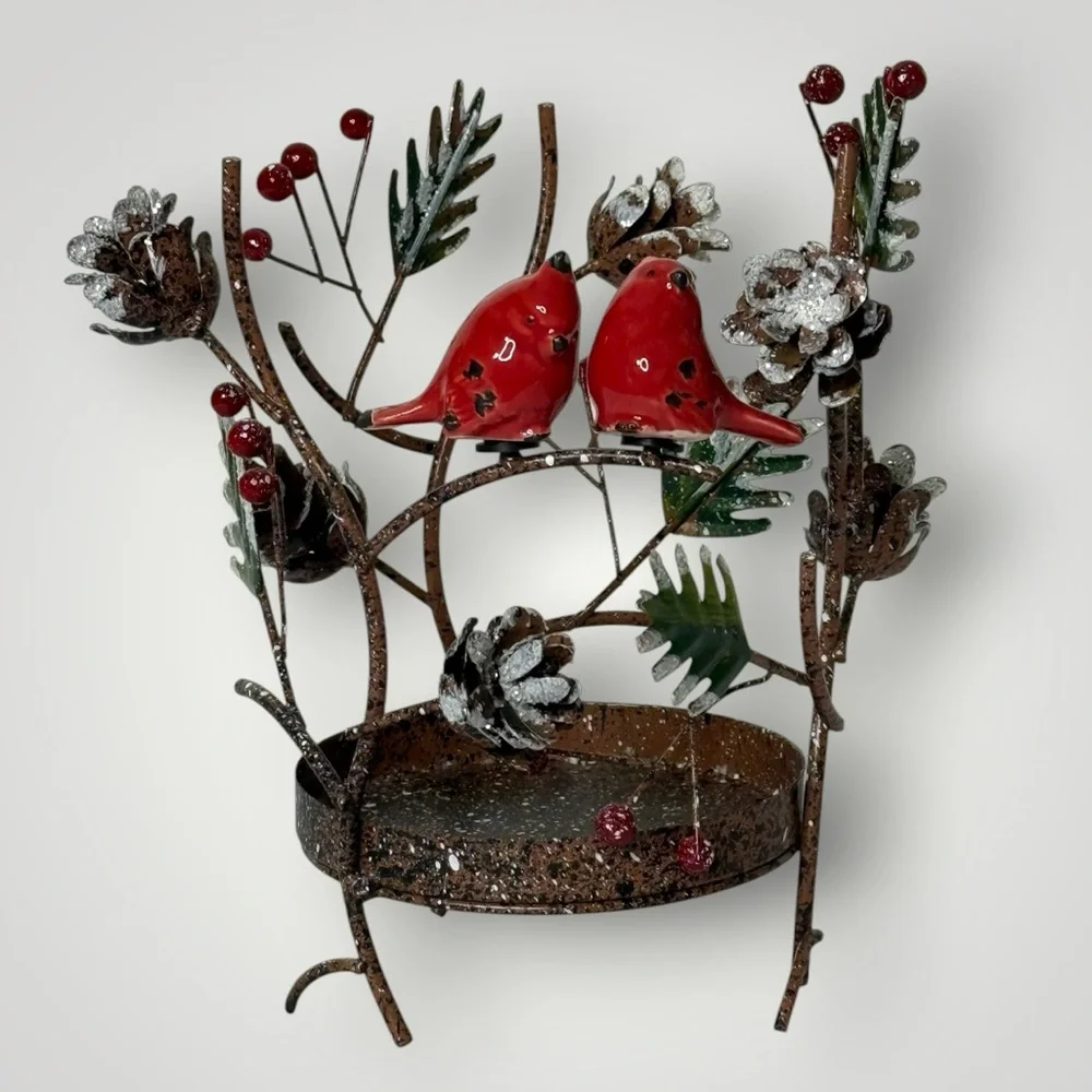 Large Pillar‎ Metal Candle Holder With Ceramic Red Cardinal Birds Pinecones